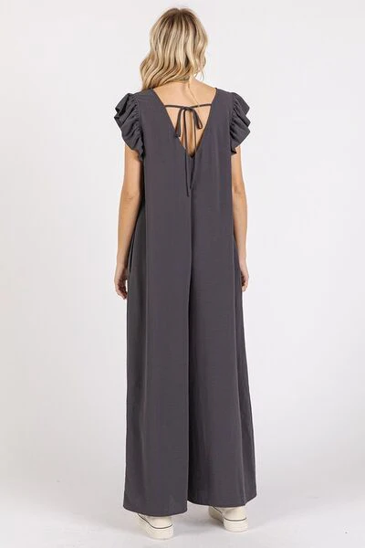 Mittoshop V-Neck Ruffled Cap Sleeve Wide Leg Jumpsuit - Image 2