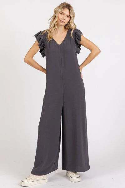 Mittoshop V-Neck Ruffled Cap Sleeve Wide Leg Jumpsuit - Image 3