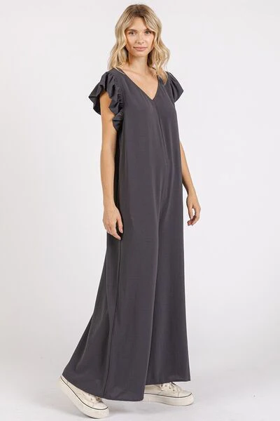 Mittoshop V-Neck Ruffled Cap Sleeve Wide Leg Jumpsuit - Image 4