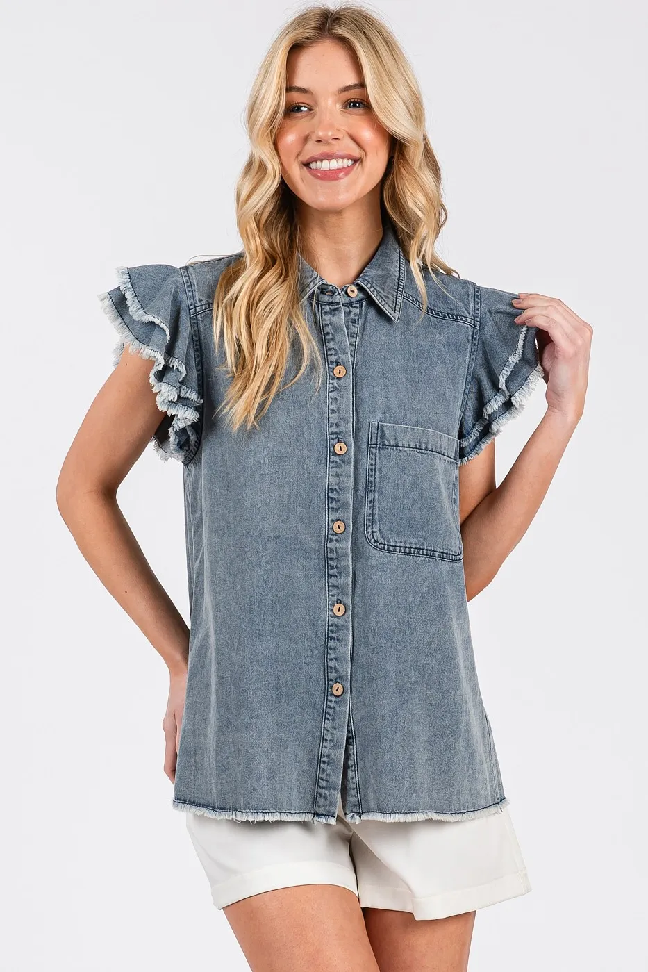 Mittoshop Washed Denim Ruffle Short Sleeve Collared Shirt - Image 5