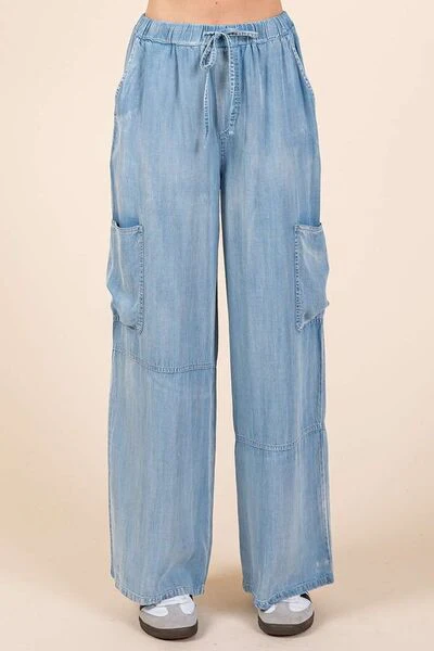 Mittoshop Washed Elastic Waist Cargo Wide Leg Pants - Image 3