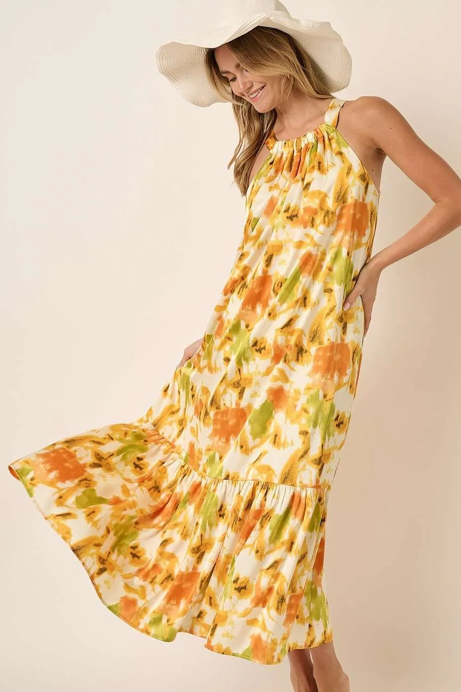 Mittoshop Watercolor Print Halter Neck Satin Maxi Dress - Image 5