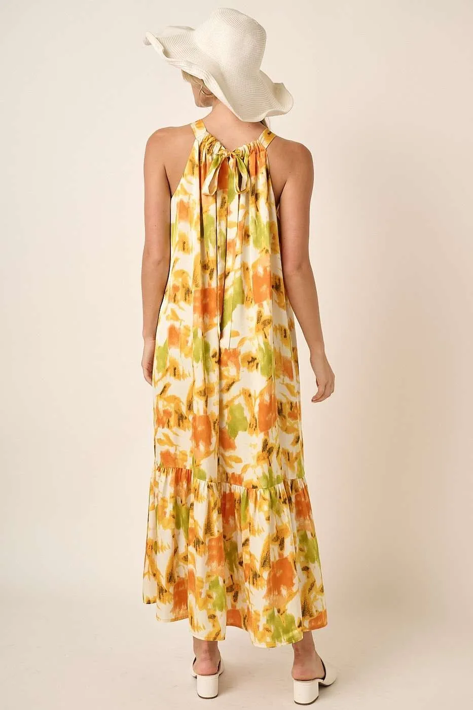 Mittoshop Watercolor Print Halter Neck Satin Maxi Dress - Image 7