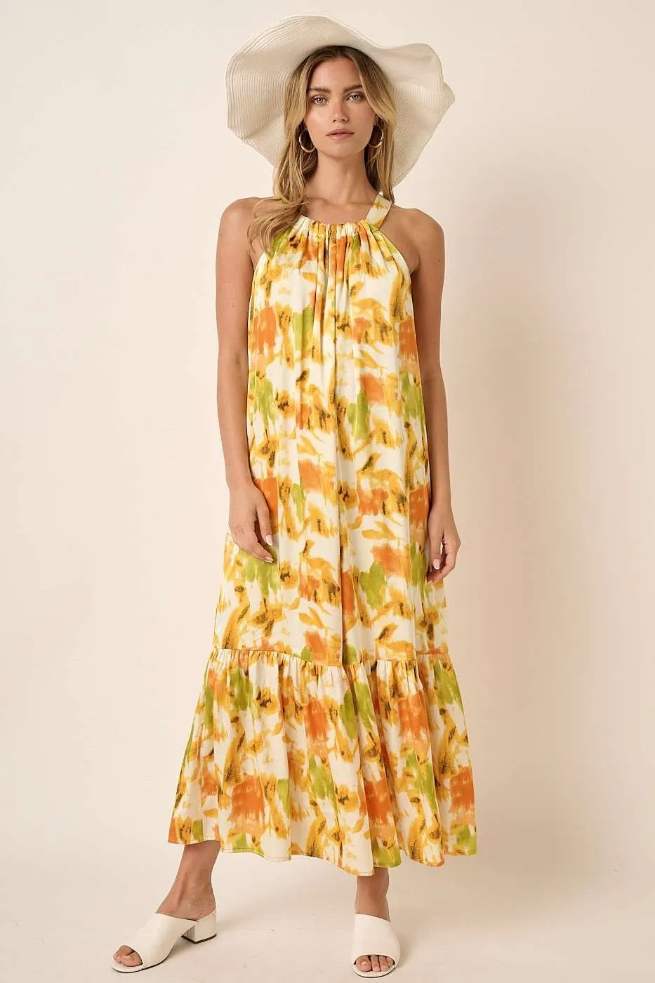 Mittoshop Watercolor Print Halter Neck Satin Maxi Dress - Image 8