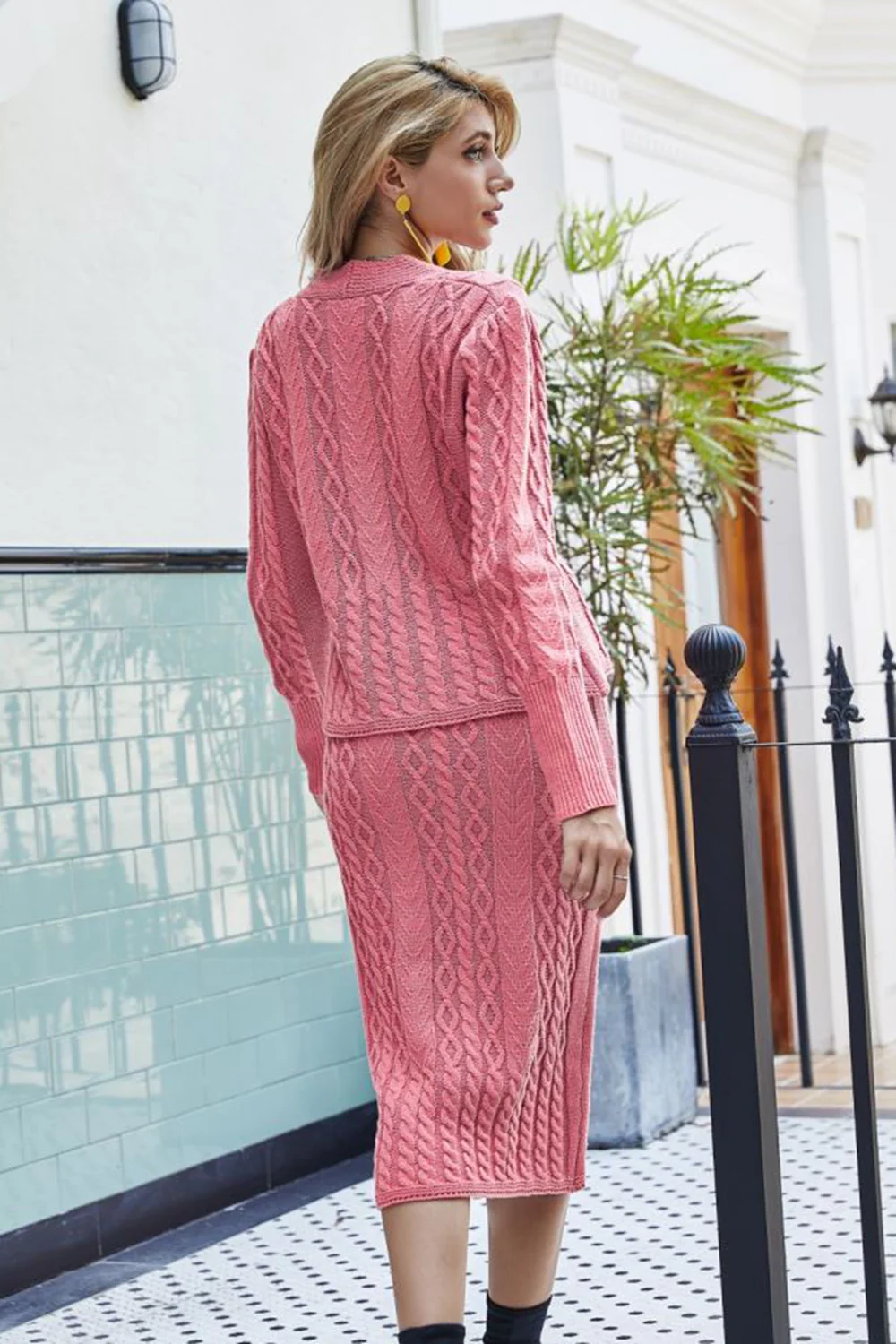 Mixed Knit V-Neck Cardigan and Knit Skirt Set - Image 5