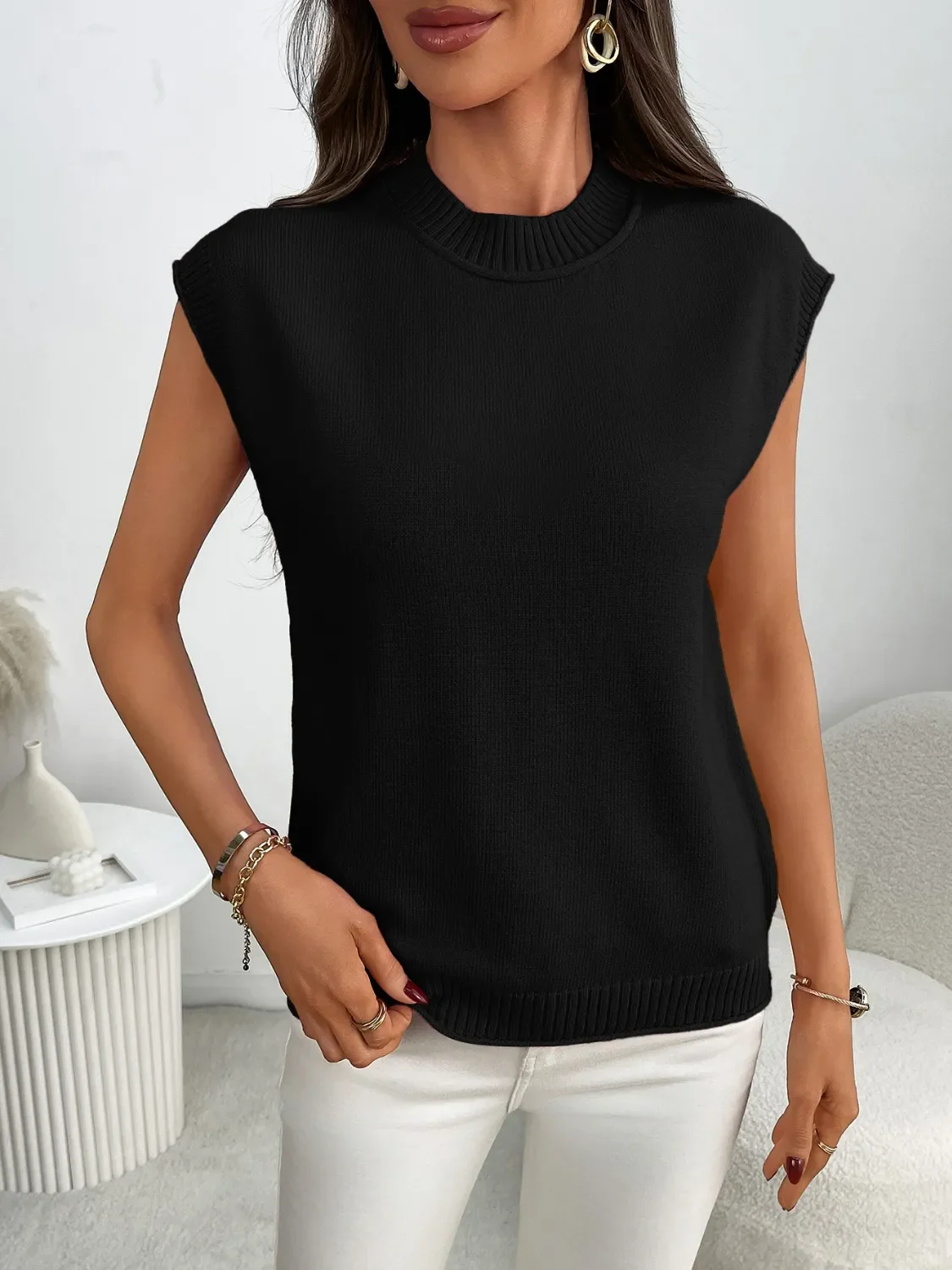 Mock Neck Cap Sleeve Knit Top - Image 13