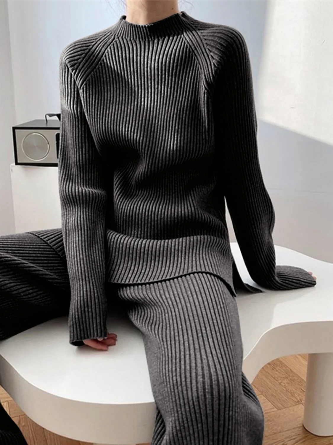Mock Neck Raglan Sleeve Top and Pants Sweater Set - Image 15
