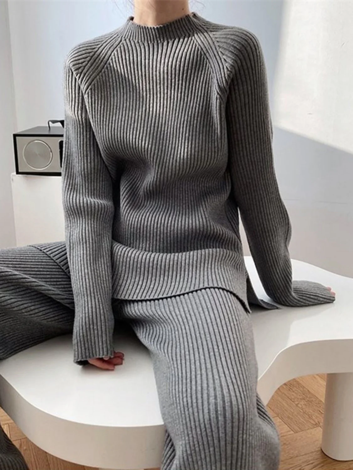 Mock Neck Raglan Sleeve Top and Pants Sweater Set - Image 7