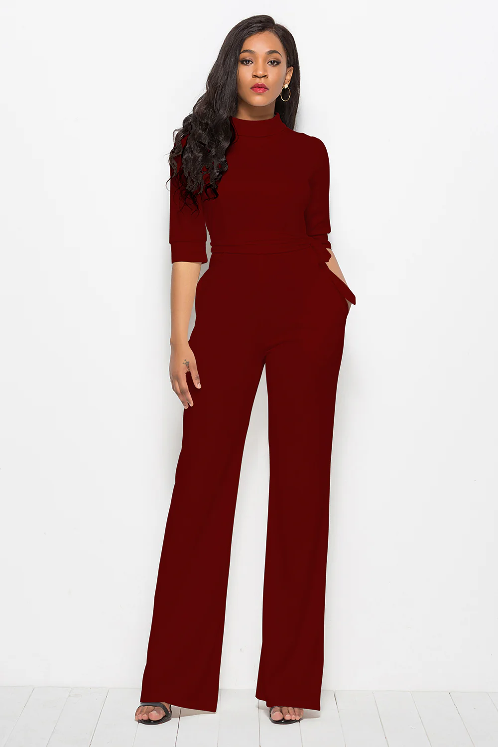 Mock Neck Tie-Waist Half Sleeve Jumpsuit - Image 25
