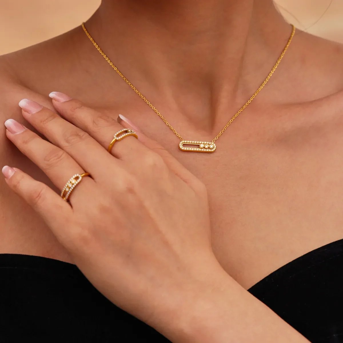 Moving Crystal Bar Necklace and Ring Jewelry Set - Image 2