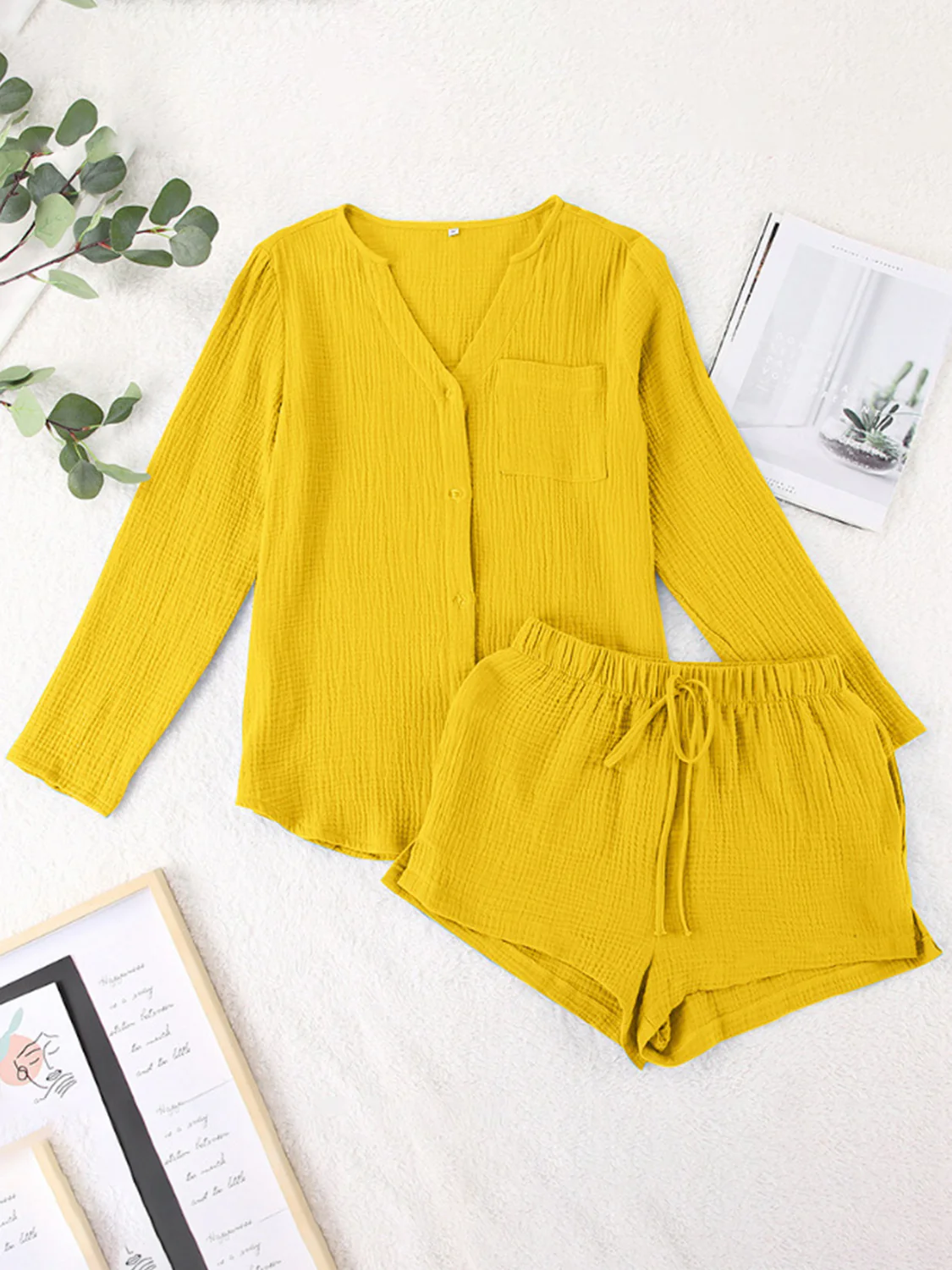 Notched Long Sleeve Top and Shorts Set - Image 12