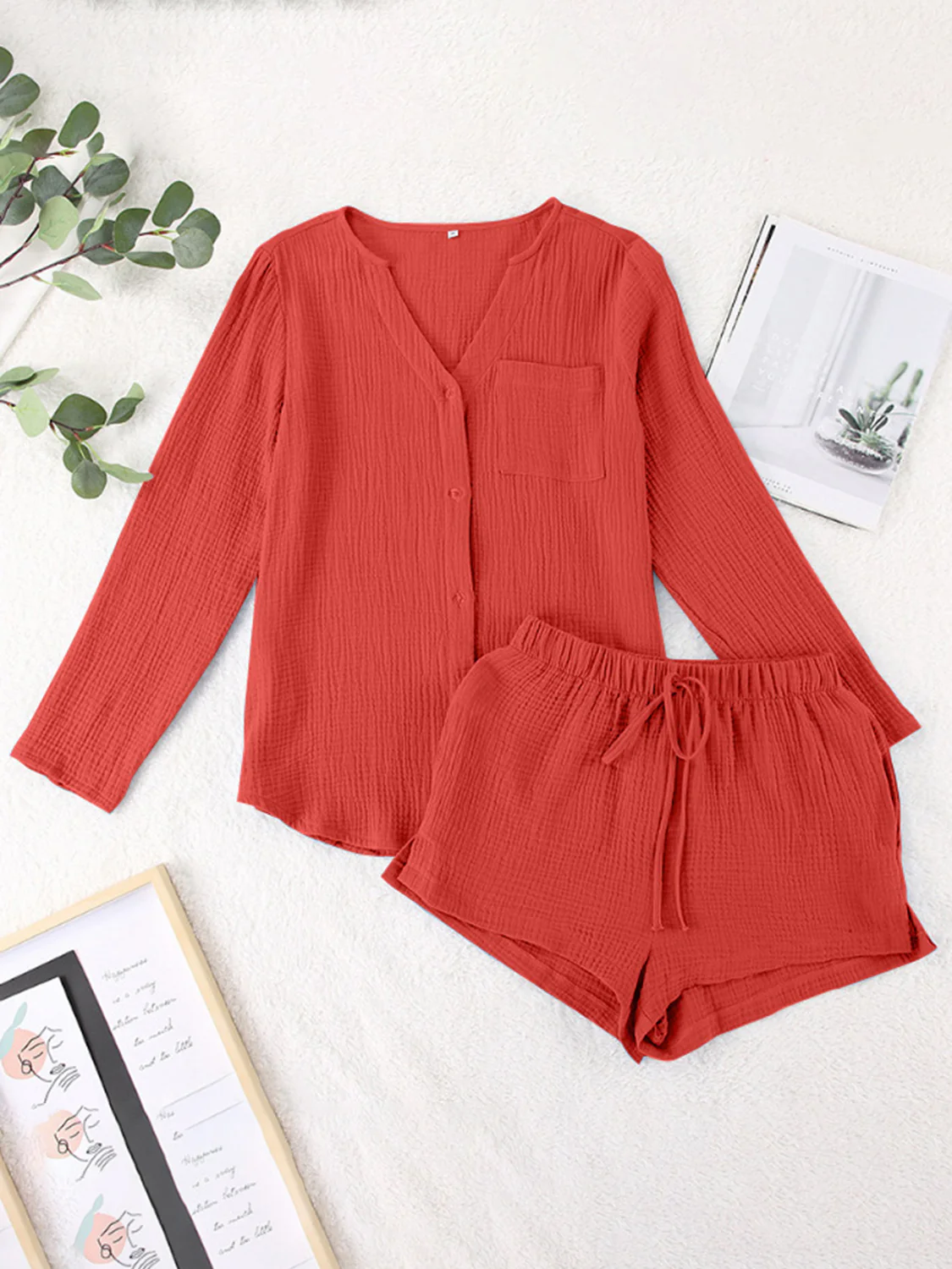 Notched Long Sleeve Top and Shorts Set - Image 15