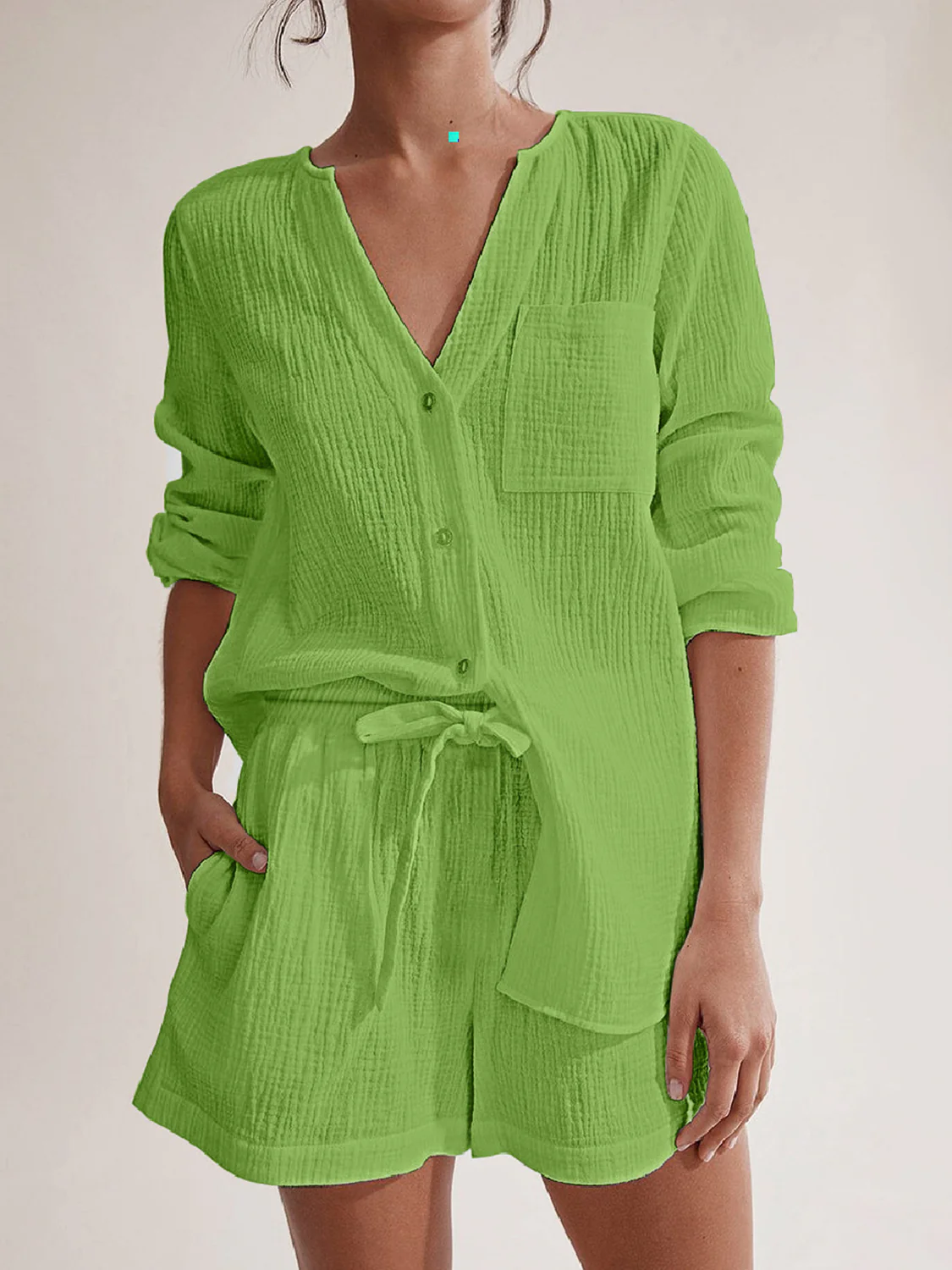 Notched Long Sleeve Top and Shorts Set - Image 16