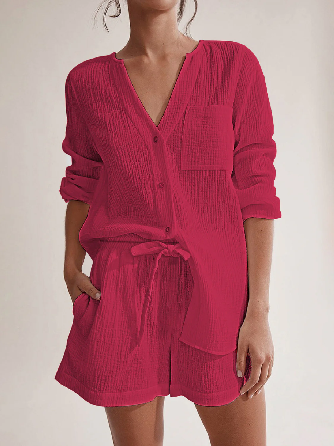 Notched Long Sleeve Top and Shorts Set - Image 19