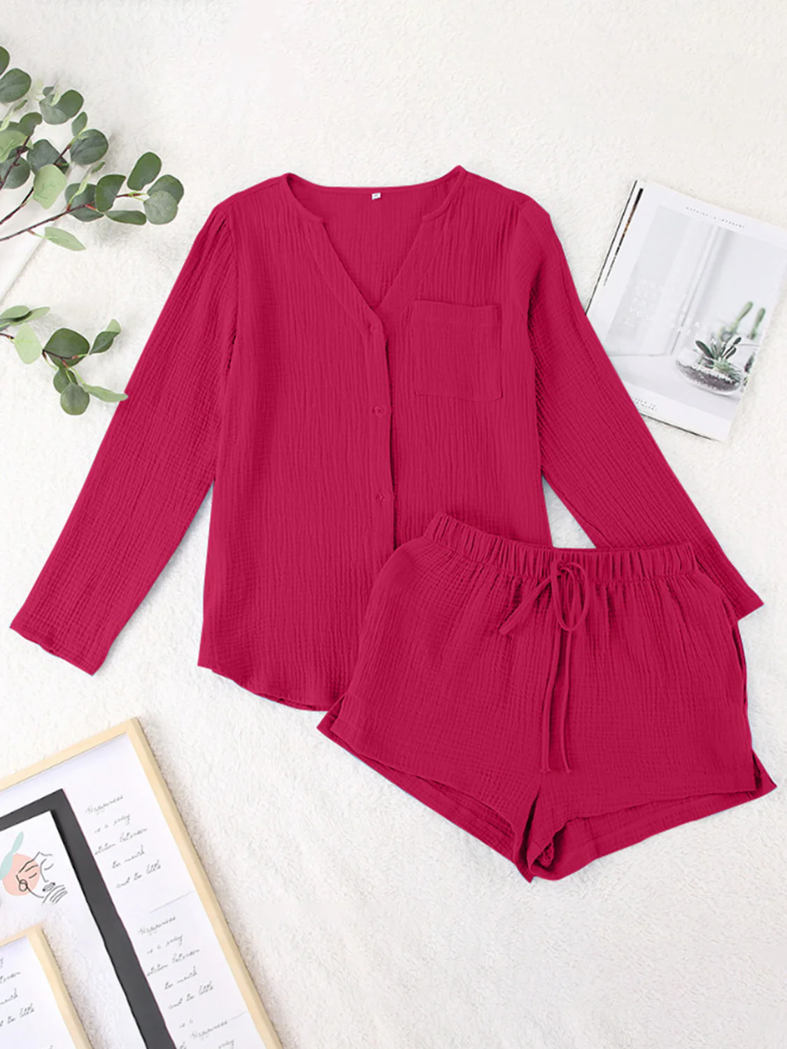 Notched Long Sleeve Top and Shorts Set - Image 20