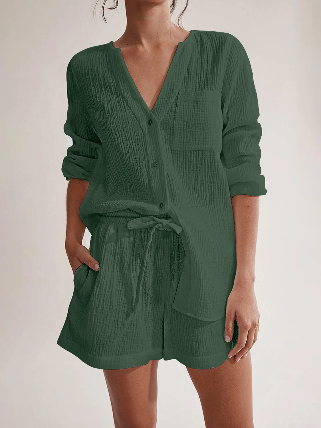 Notched Long Sleeve Top and Shorts Set - Image 4