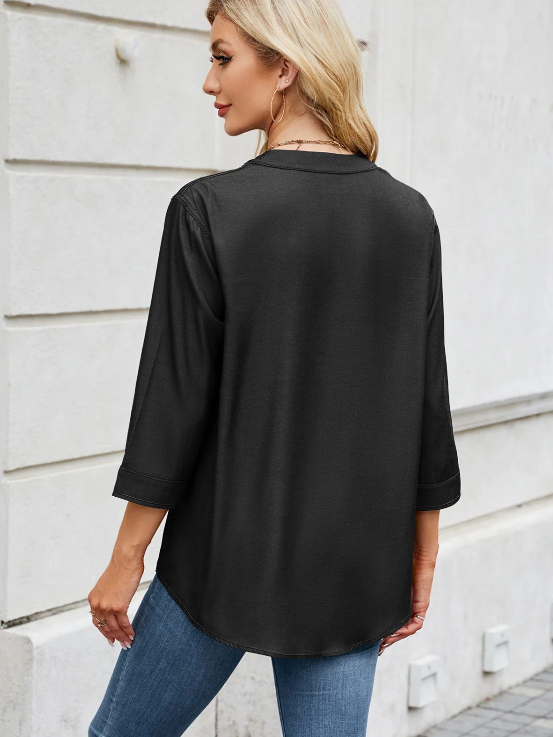 Notched Three-Quarter Sleeve Denim Top - Image 3