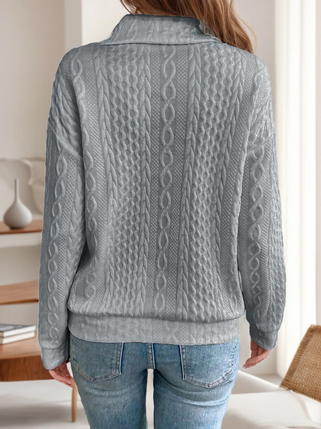 Oblique Zipper Collared Neck Long Sleeve Sweatshirt - Image 8