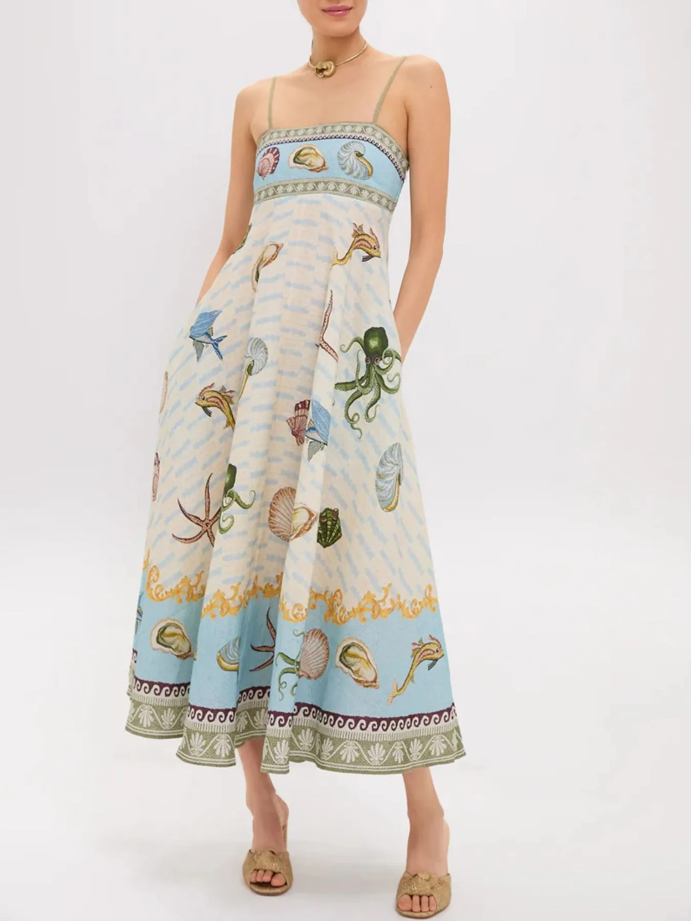 Ocean Print Spaghetti Strap Midi Dress