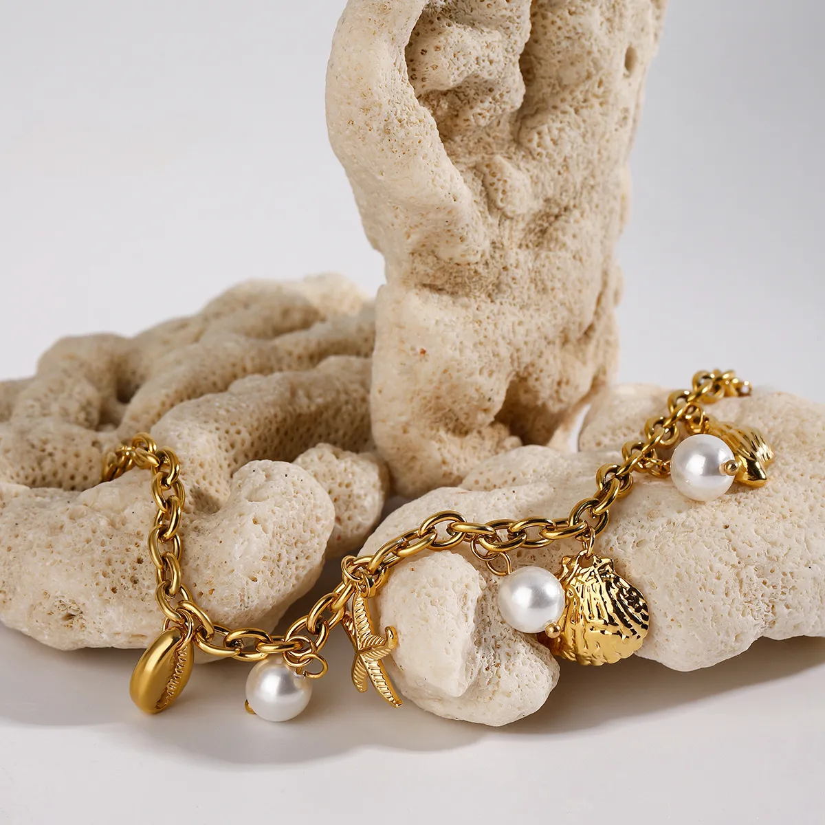 Ocean Theme Stainless Steel Chain Bracelet with Seashell and Starfish Pendants - Image 3