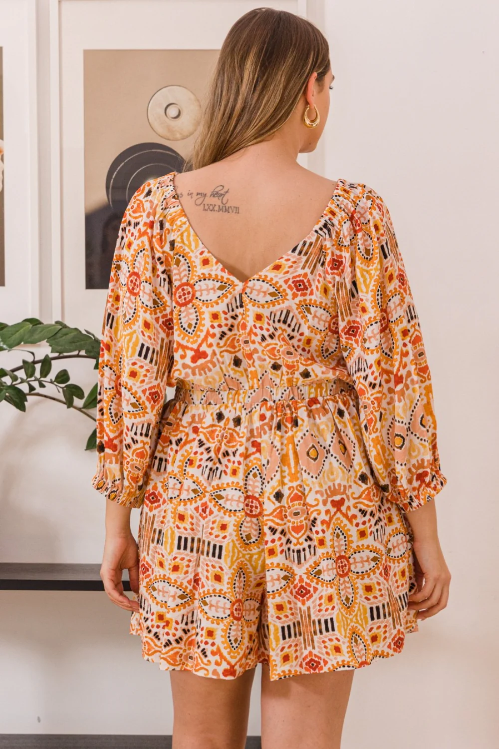 ODDI Full Size Printed Ruff Sleeve Romper with Pockets - Image 2