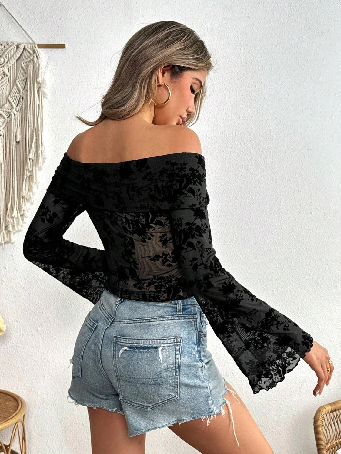 Off-Shoulder Flare Sleeve Lace Top - Image 2