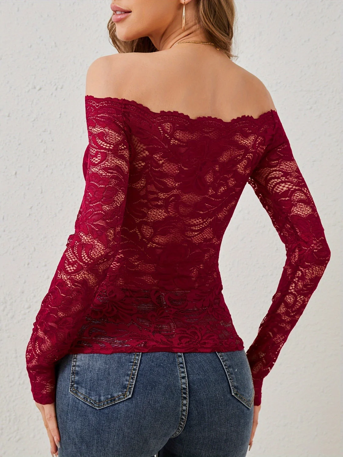 Off-Shoulder Long Sleeve Lace Top - Image 5