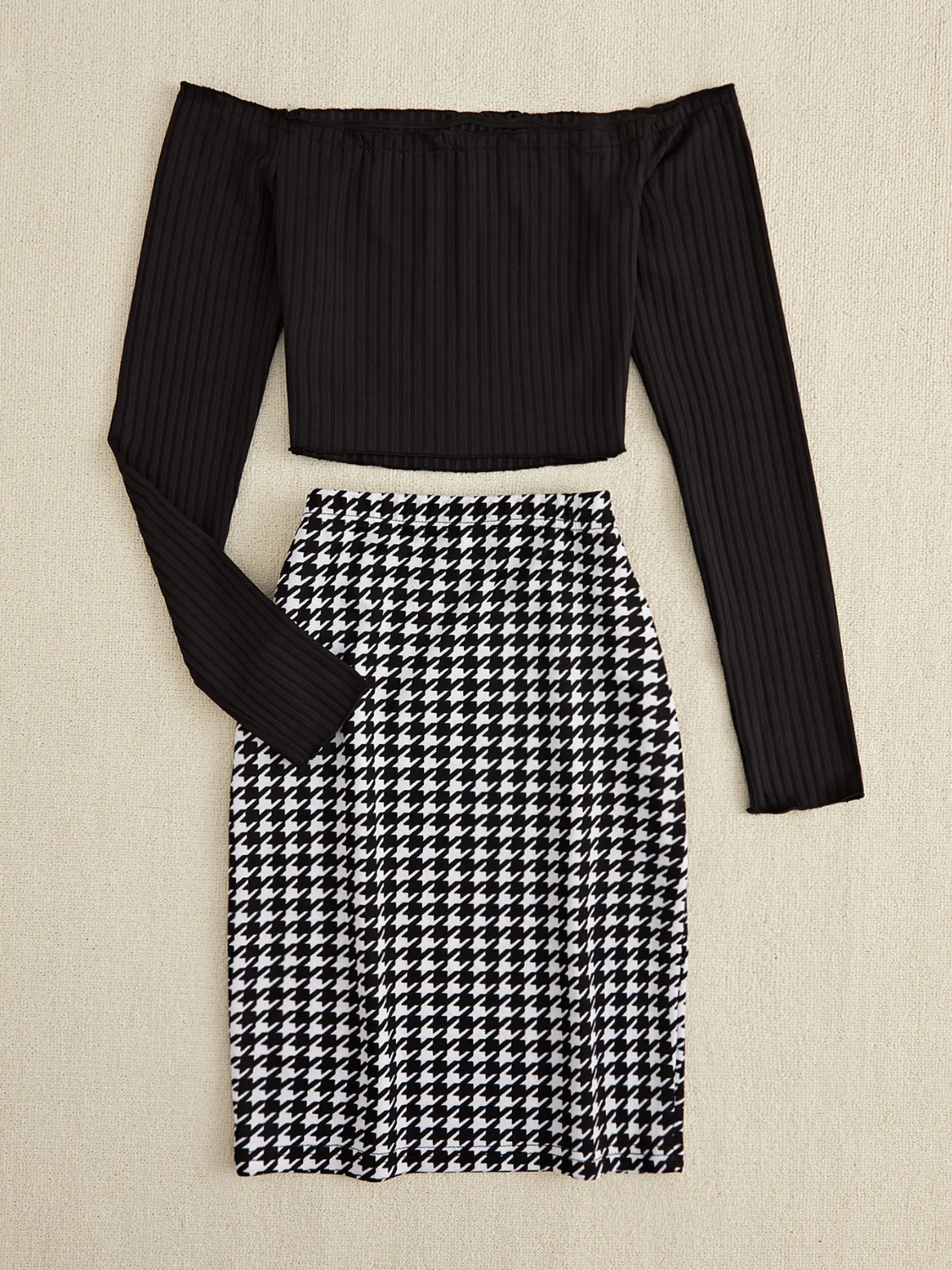 Off-Shoulder Long Sleeve Top and Houndstooth Skirt Set - Image 3