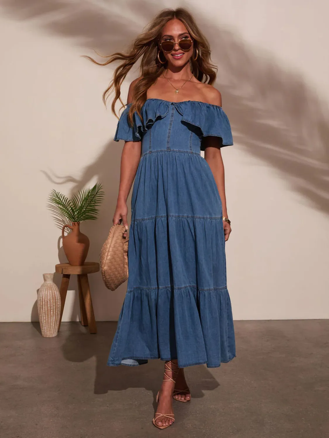 Off Shoulder Ruffle Tiered Denim Dress - Image 4