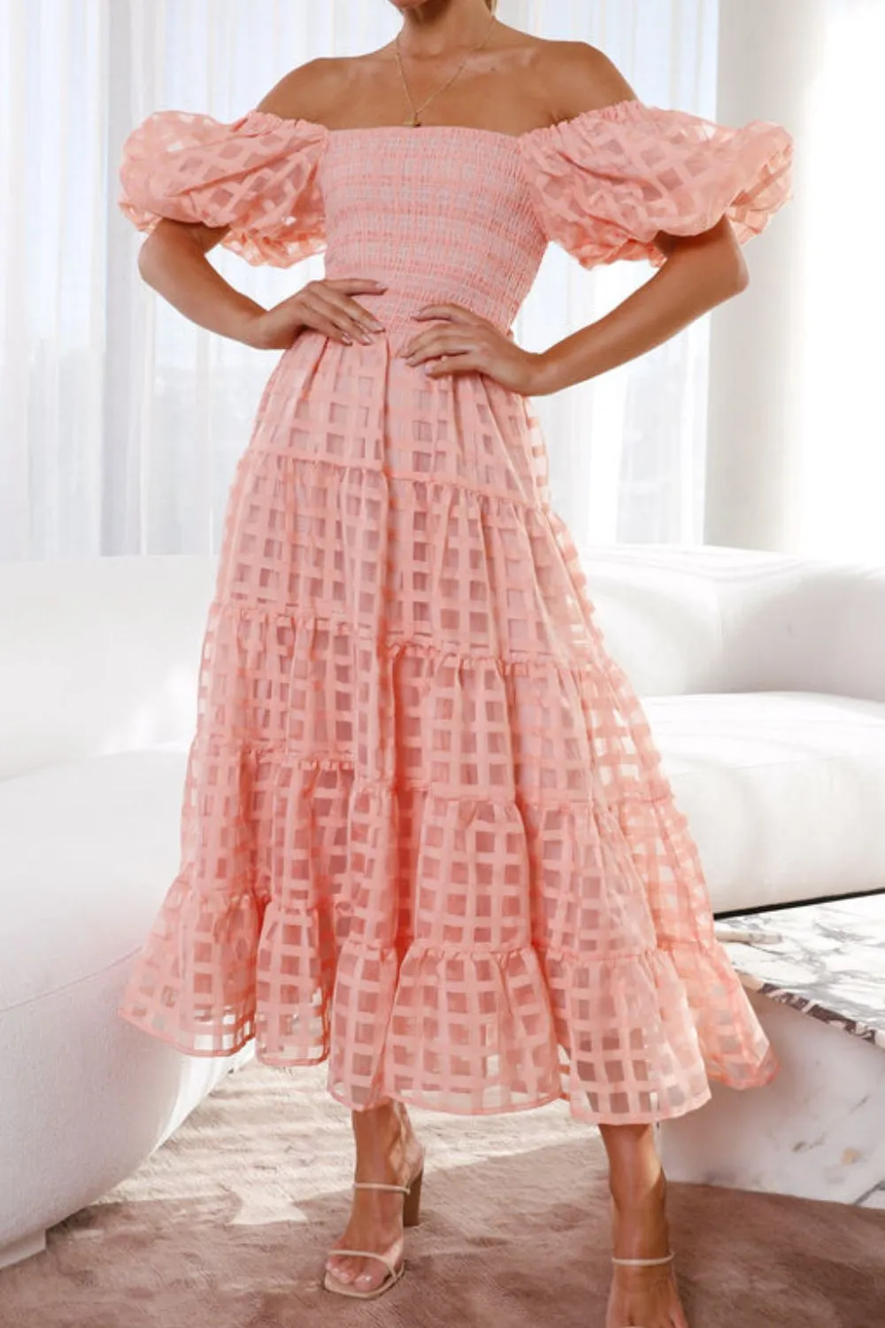 Off Shoulder Short Puff Sleeve Midi Dress - Image 2