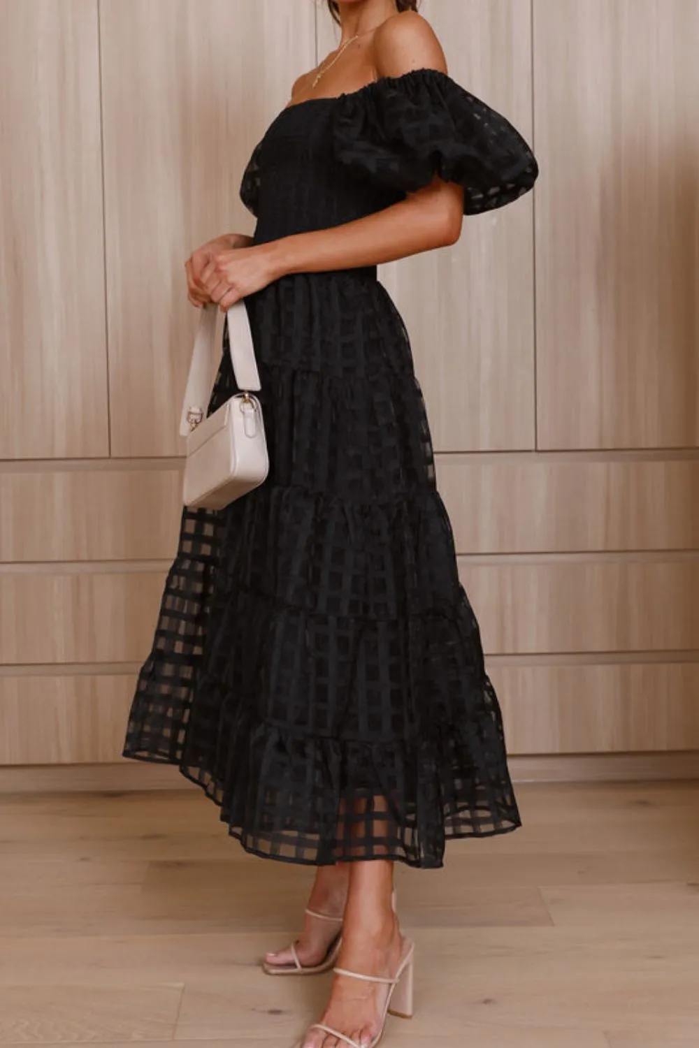 Off Shoulder Short Puff Sleeve Midi Dress - Image 22
