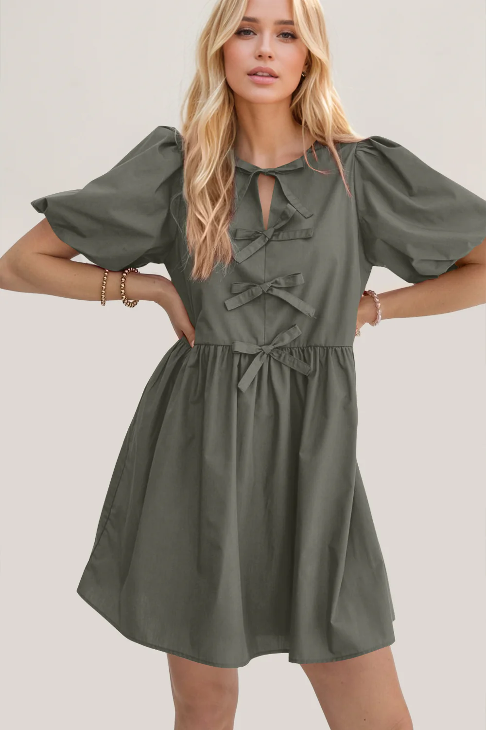 Oh Bow Ruched Puff Sleeve Mini Dress - Image 21