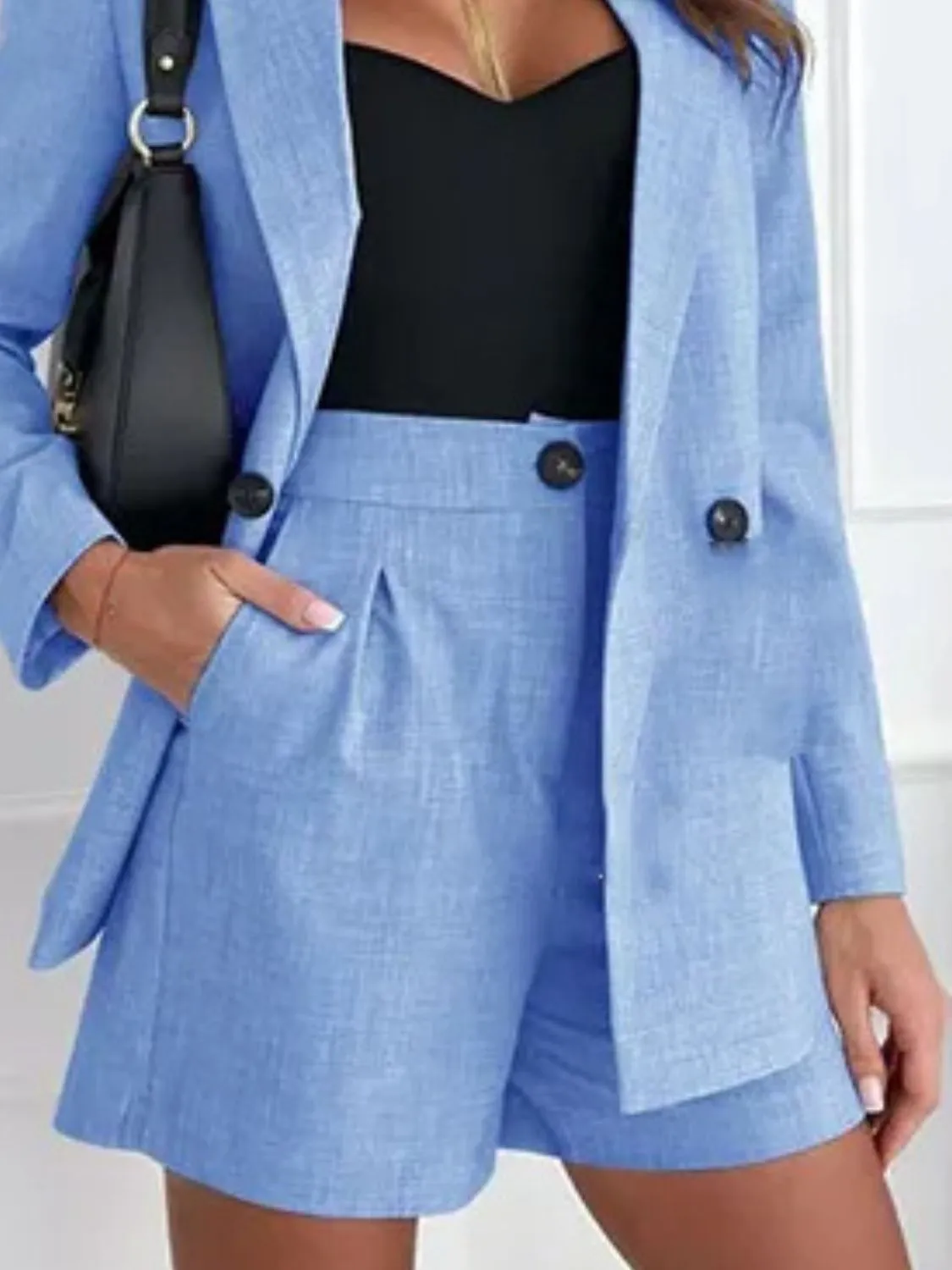 One Button Lapel Collar Blazer and Shorts Set - Image 25