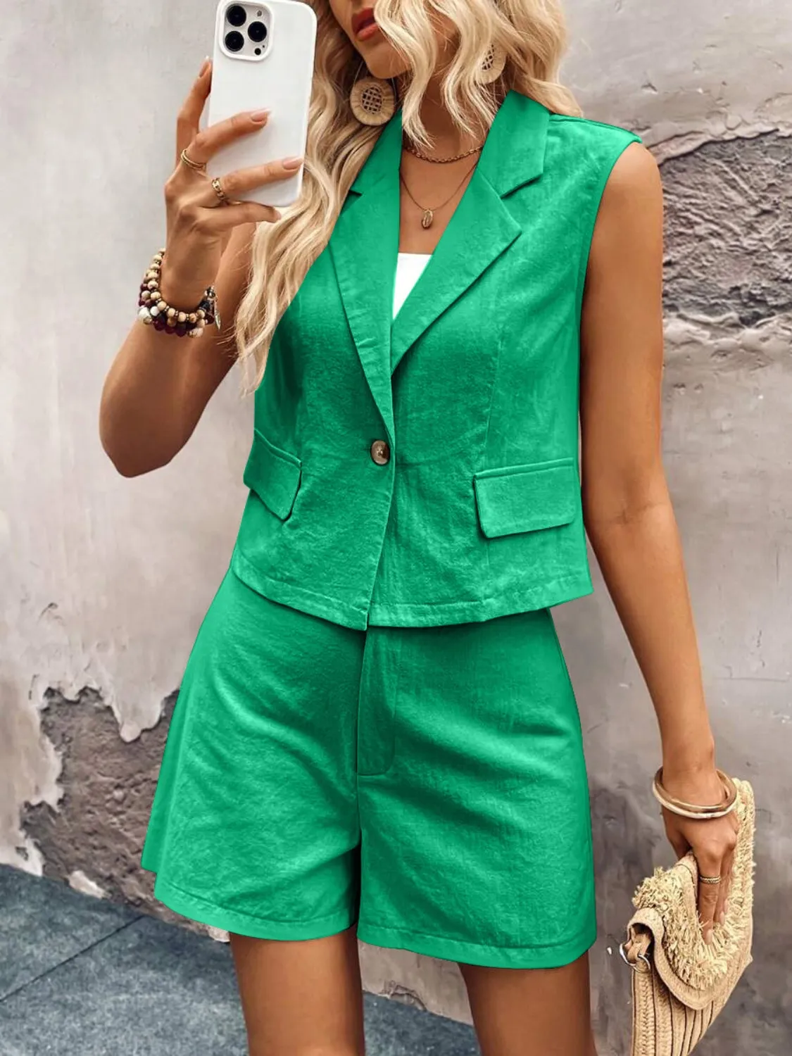 One Button Sleeveless Top and Shorts Set - Image 22