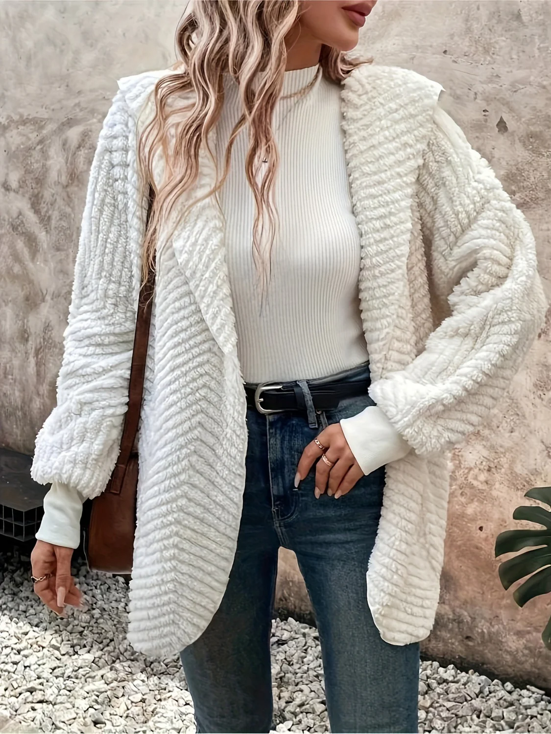 Open Front Long Sleeve Hooded Fuzzy Cardigan - Image 3