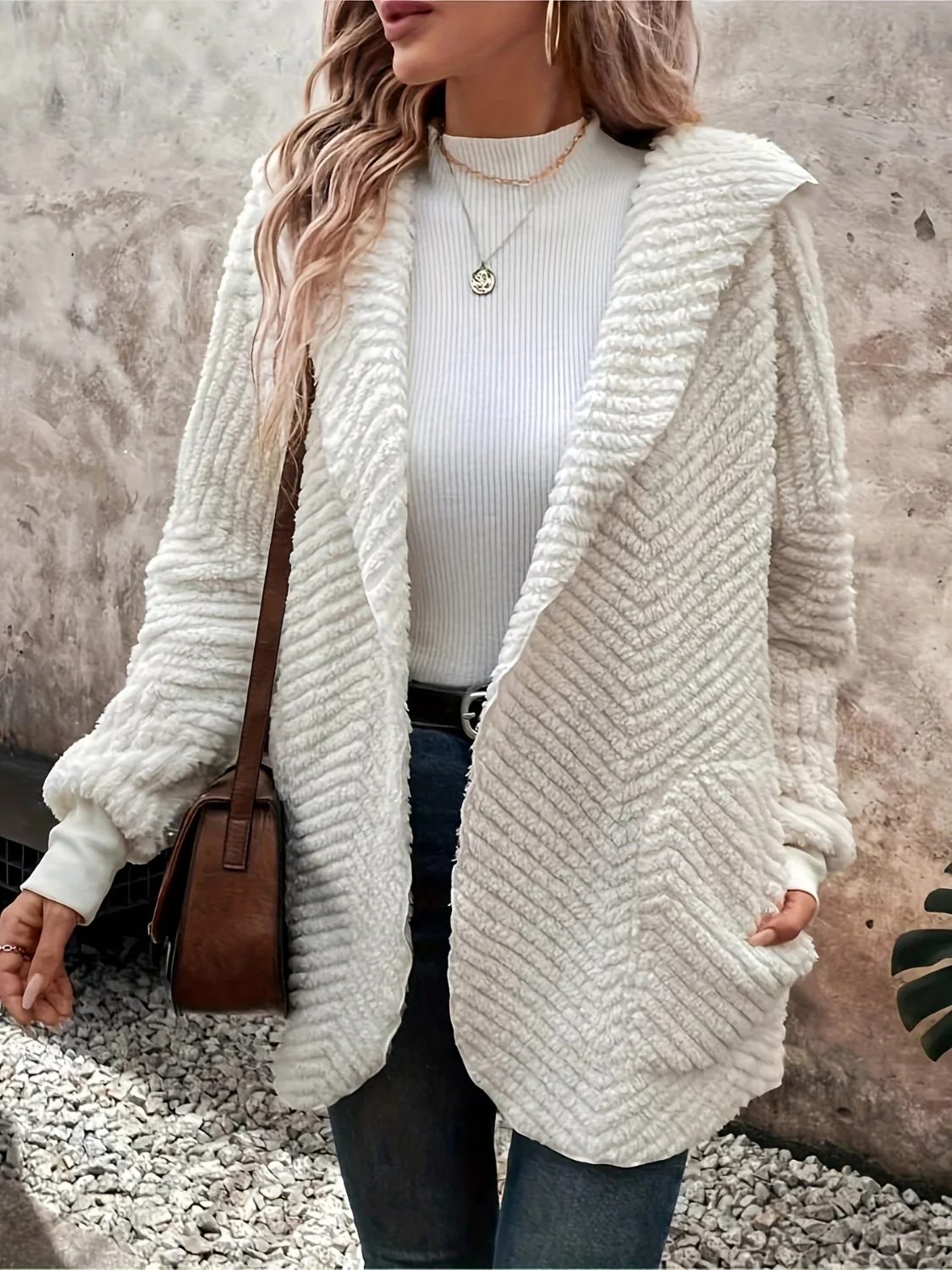 Open Front Long Sleeve Hooded Fuzzy Cardigan - Image 4