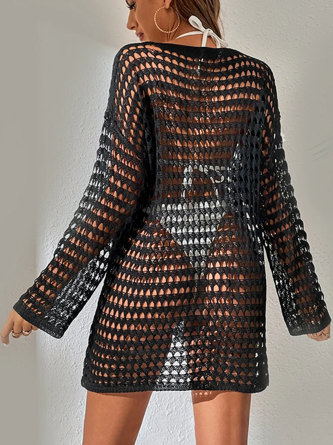 Openwork Boat Neck Long Sleeve Cover-Up - Image 10