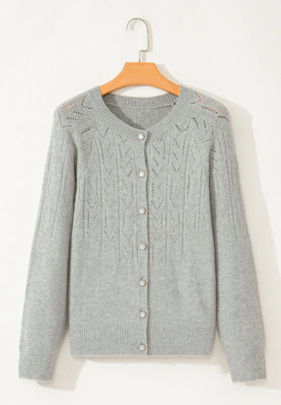 Openwork Button Down Long Sleeve Cardigan - Image 8