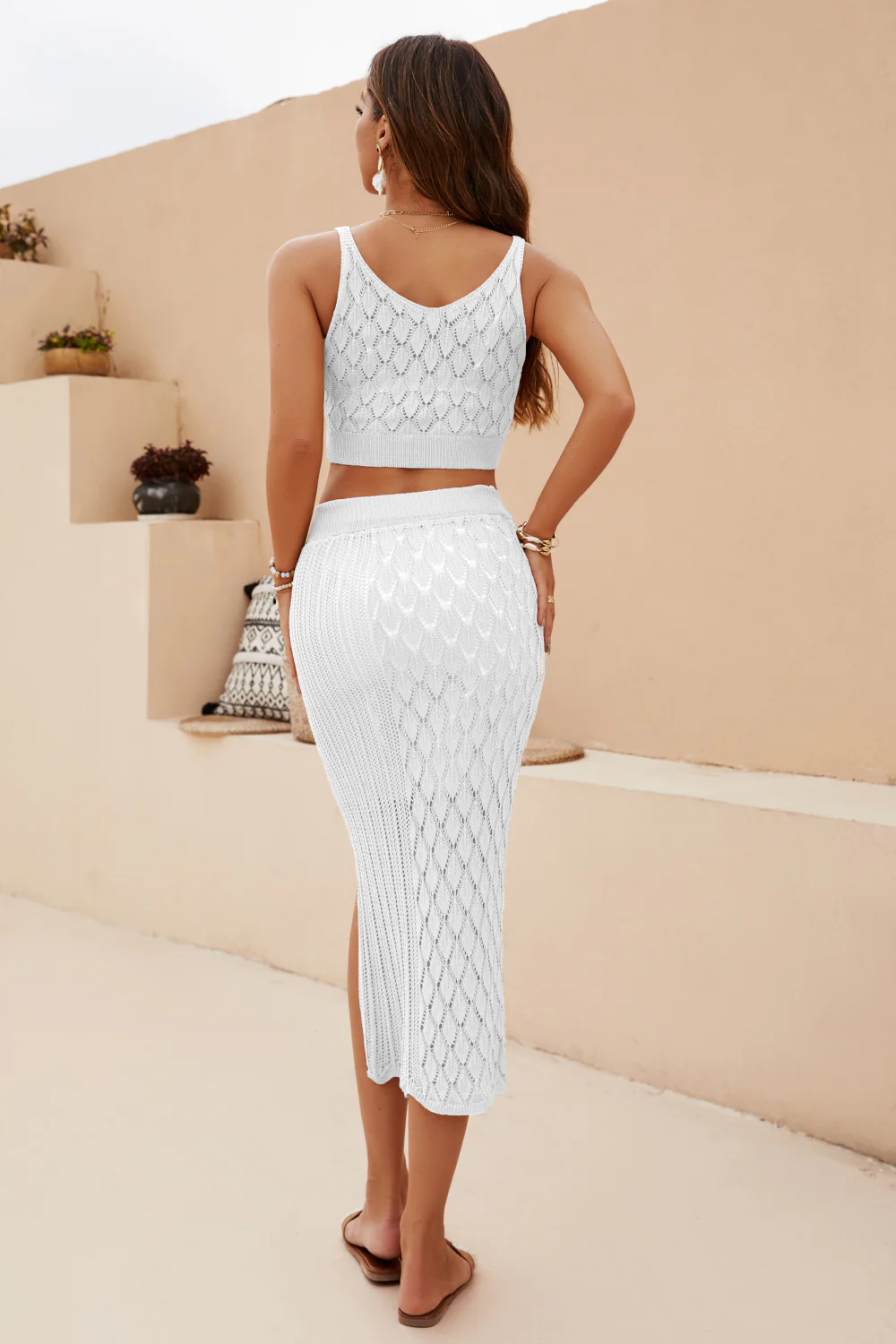 Openwork Cropped Tank and Split Skirt Set - Image 8
