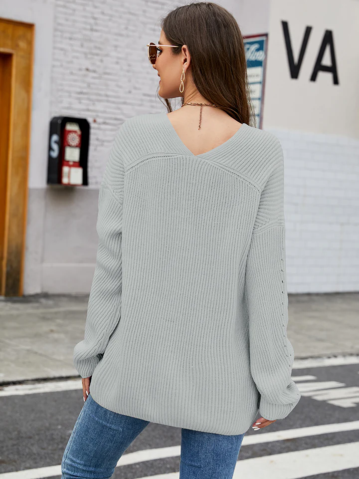 Openwork Dropped Shoulder Long Sleeve Sweater - Image 10