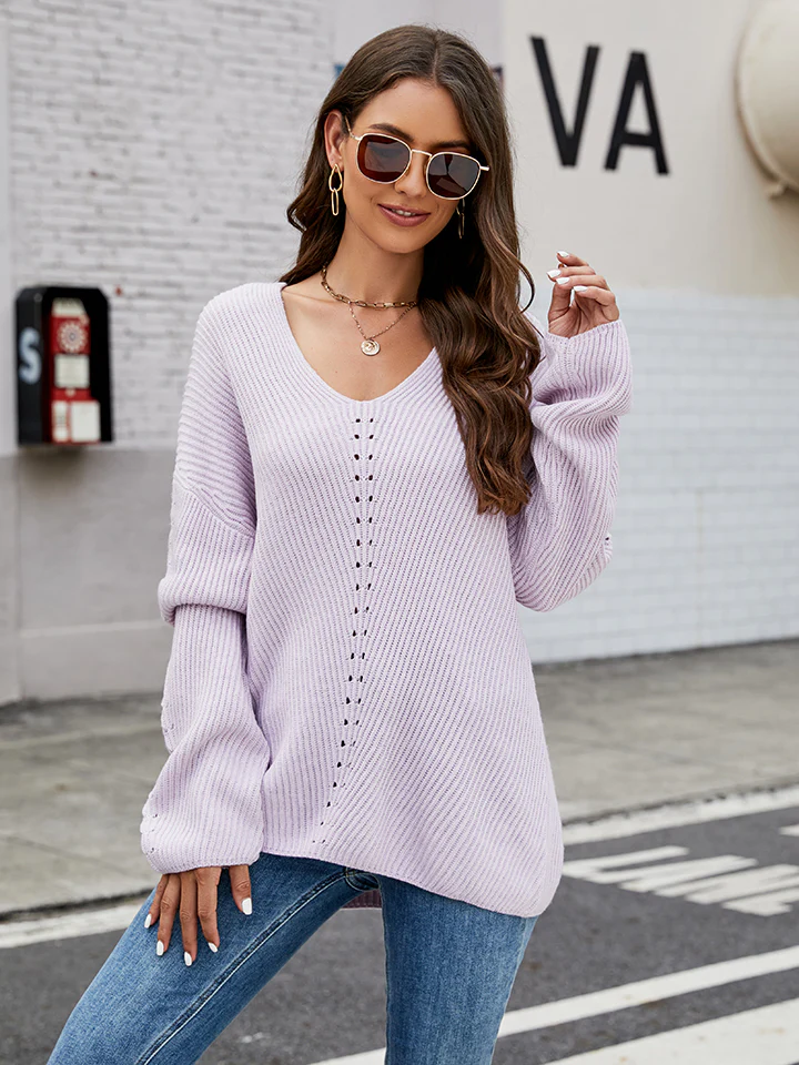 Openwork Dropped Shoulder Long Sleeve Sweater - Image 4