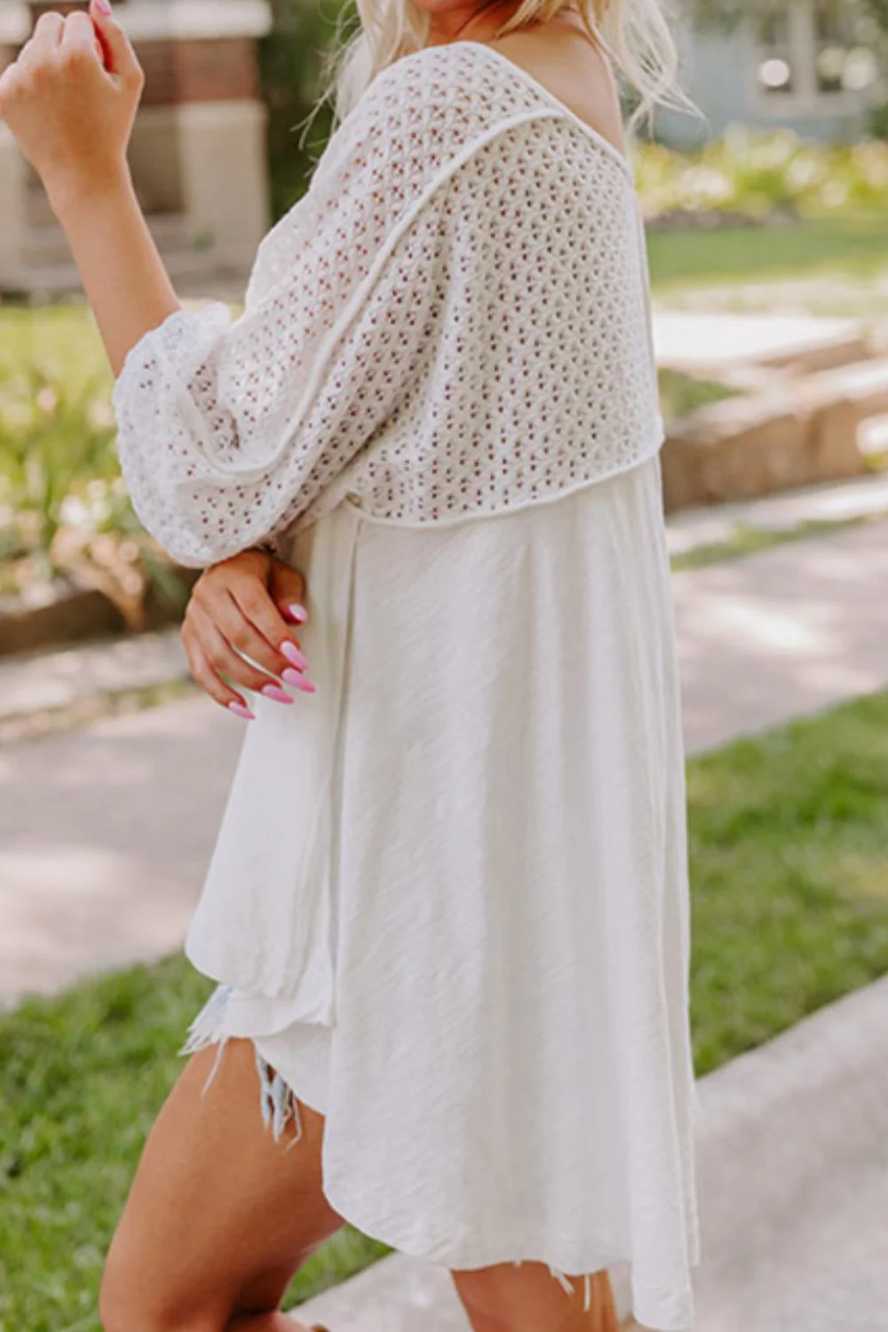 Openwork High Low Hem V Neck Oversized Top - Image 3