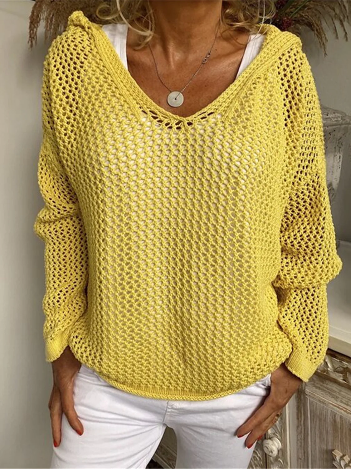 Openwork Hooded Long Sleeve Sweater - Image 11