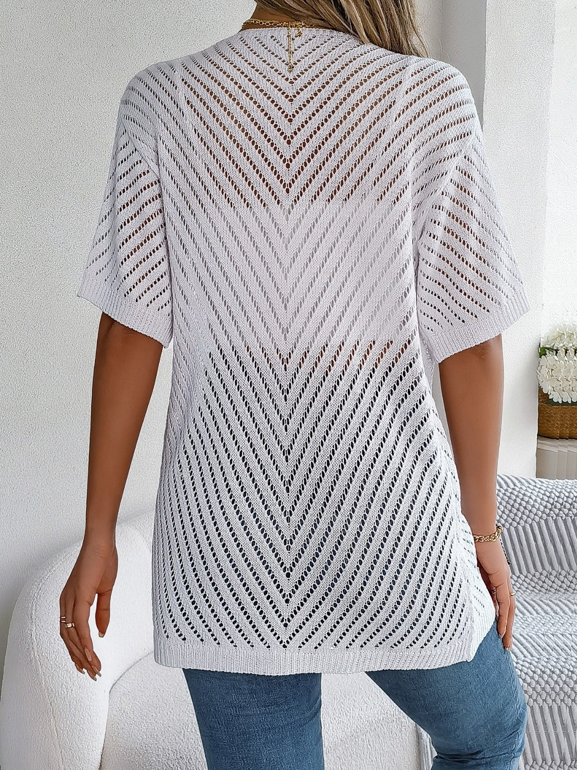 Openwork Open Front Half Sleeve Cardigan - Image 10