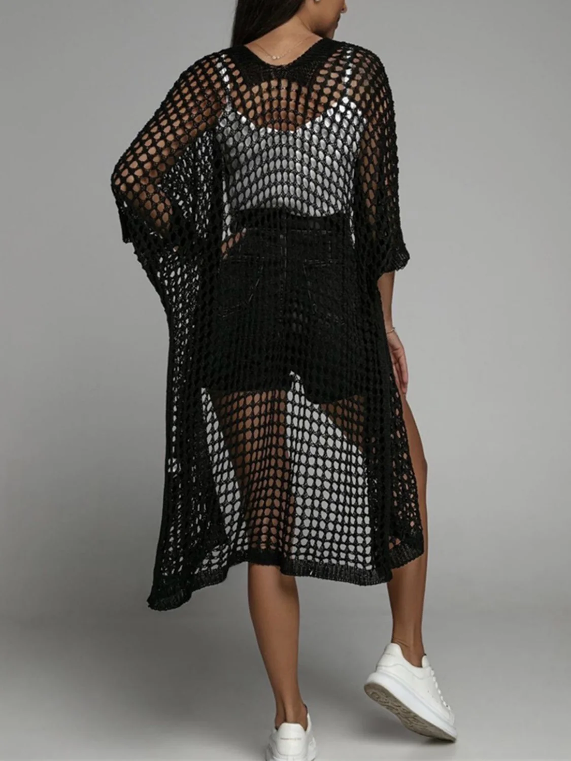 Openwork Open Front Three-Quarter Sleeve Cover Up - Image 10