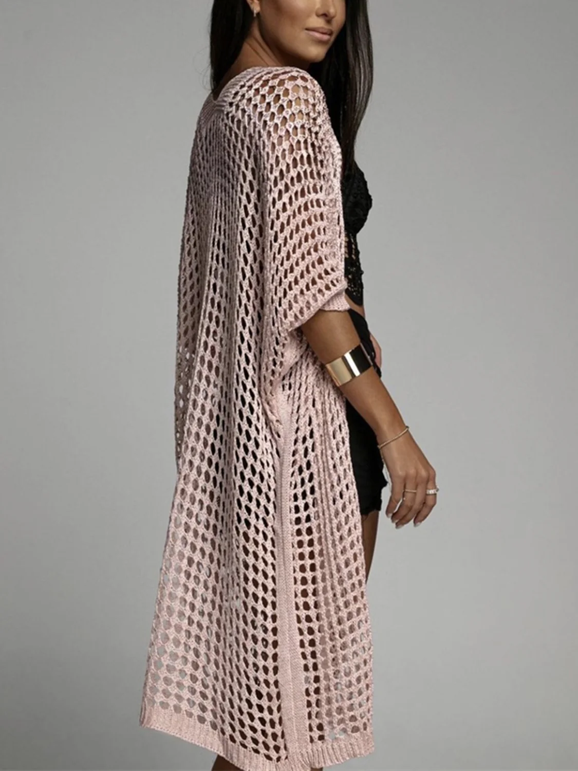 Openwork Open Front Three-Quarter Sleeve Cover Up - Image 8