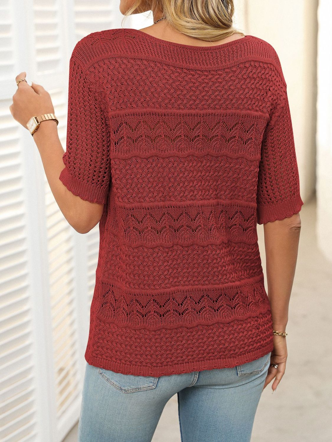Openwork Round Neck Half Sleeve Knit Top - Image 9