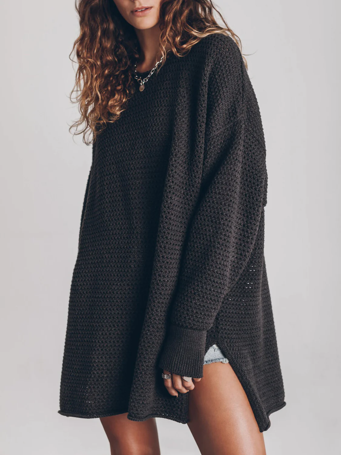 Openwork Round Neck Long Sleeve Slit Sweater - Image 6