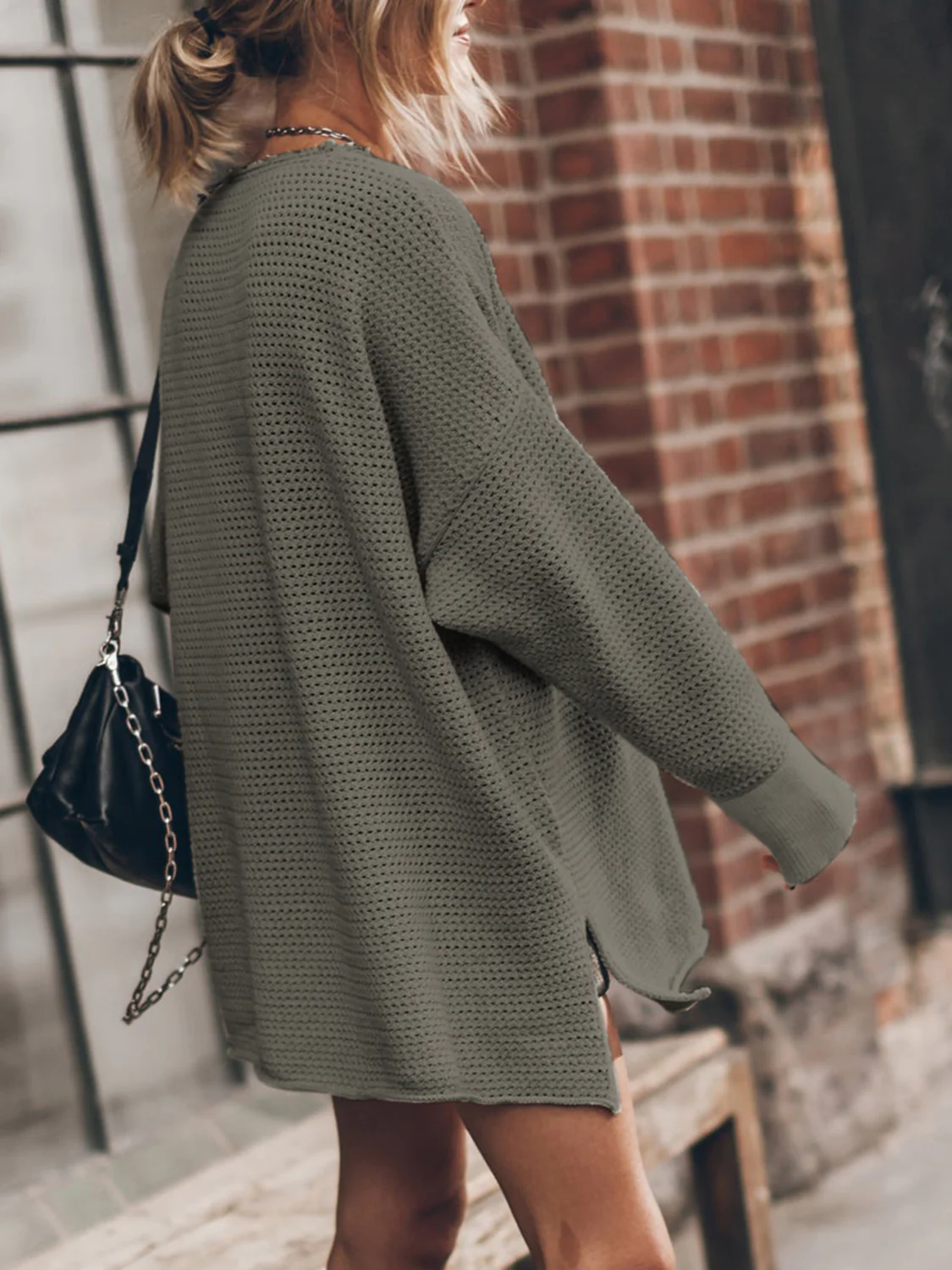Openwork Round Neck Long Sleeve Slit Sweater - Image 9