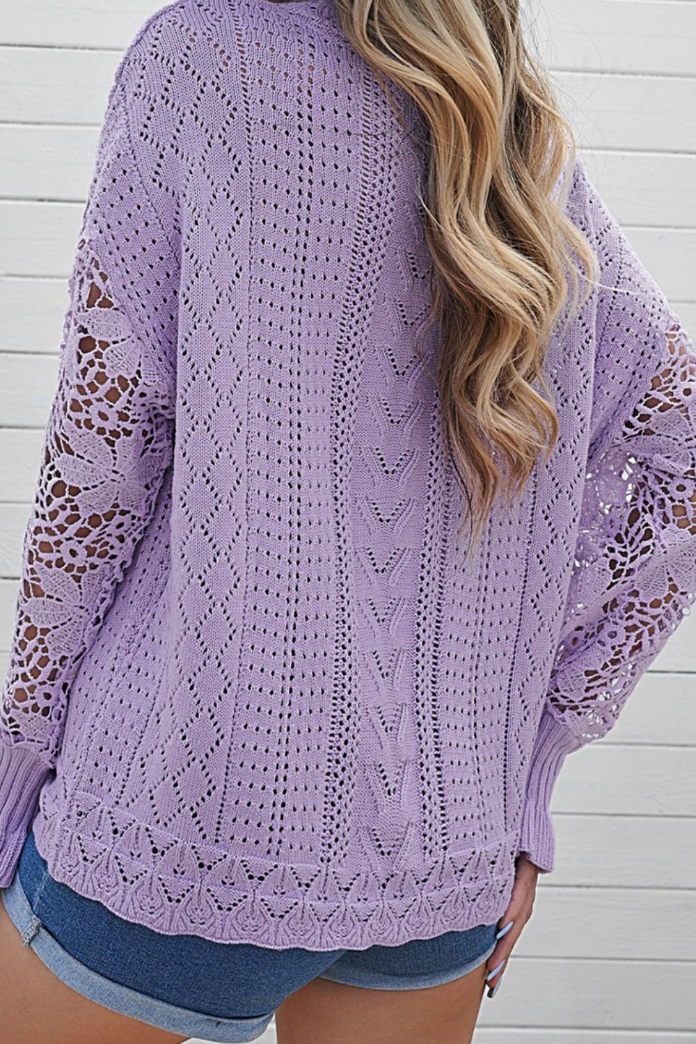 Openwork Round Neck Long Sleeve Sweater - Image 16